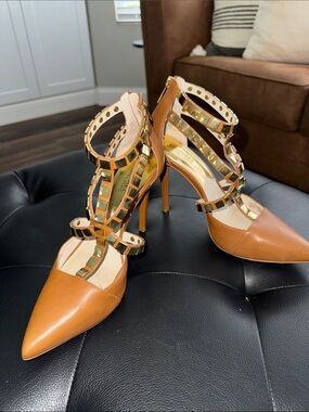 Michael Kors Cognac Leather Pointed-Toe Studded Strappy Heels